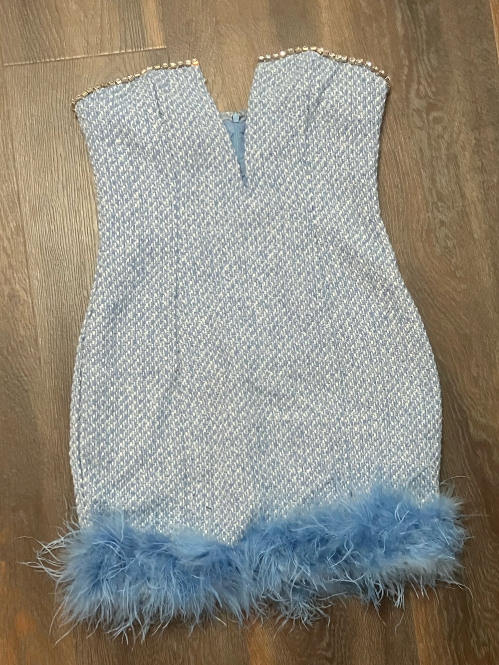 Fashion Nova Light Blue Strapless Feather Trim Mini Dress